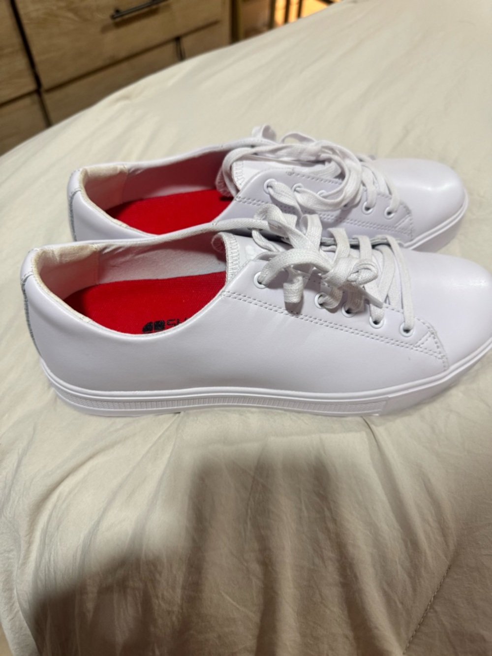 Men’s Shoes For Crews White Low-Top Sneakers with Red Insole